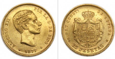 315 EUR  25 Pesestas Alfonso XII 1877 Estrellas 18*77  ORO